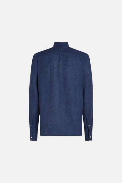 Donkerblauwe blouse met lange mouwen van TOMMY HILFIGER, van achteren gezien, in getextureerd linnen met witte knopen aan de manchetten.