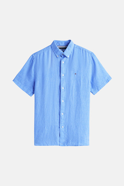 Blauwe blouse met korte mouwen van TOMMY HILFIGER, met een zichtbare linnenstructuur en een klassieke pasvorm.