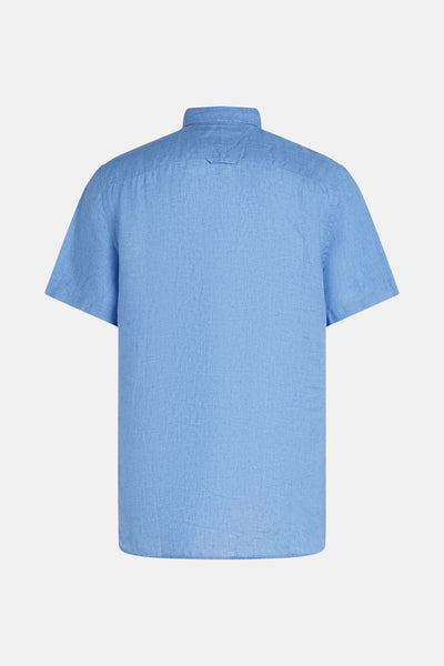 Blauwe linnen blouse met korte mouwen van TOMMY HILFIGER, achterzijde.