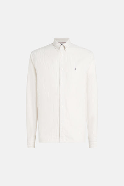 Beige long-sleeve striped chemise by Tommy Hilfiger, front view with button-down collar and chest logo patch