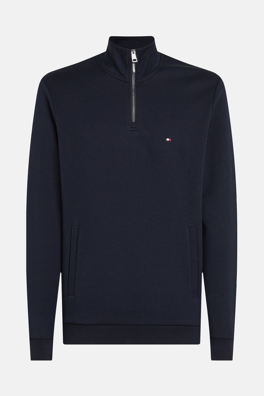 Sweat bleu foncé par Tommy Hilfiger avec fermeture éclair au col et logo discret.