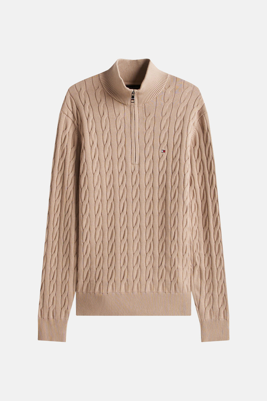 Beige coltrui van Tommy Hilfiger, met kabelpatroon en gedeeltelijke ritssluiting aan de voorkant.