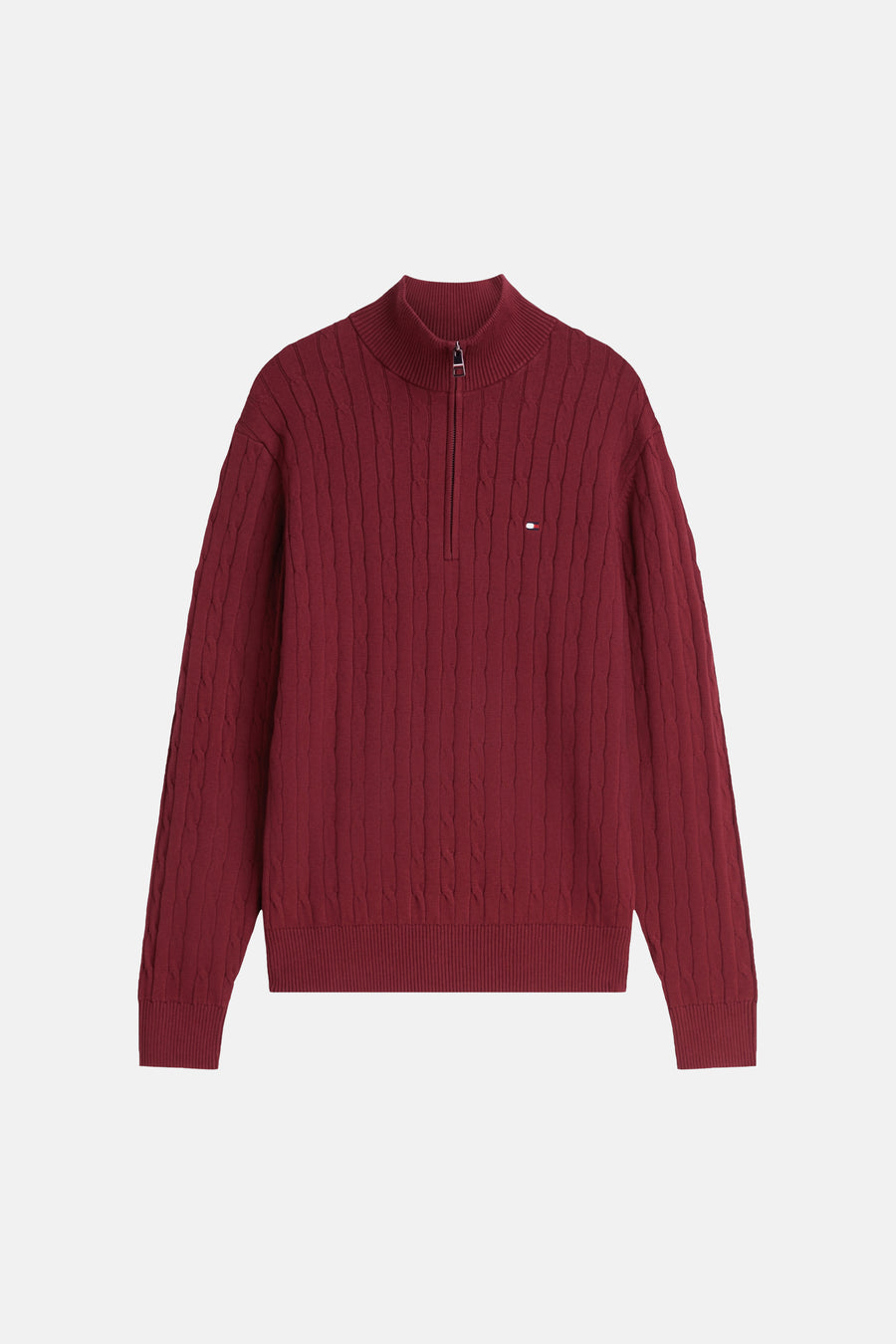 Red cable-knit half-zip turtleneck sweater by Tommy Hilfiger, featuring ribbed cuffs and hem, front zipper closure, and small logo patch on chest.
