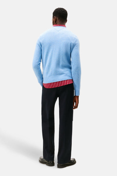 Ronde hals trui blauw van TOMMY HILFIGER, gedragen met een rood gestreept overhemd en een zwarte broek, achterzijde.