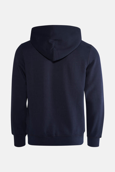 Marineblauwe Tommy Hilfiger zip-trui met capuchon van achteren gezien.