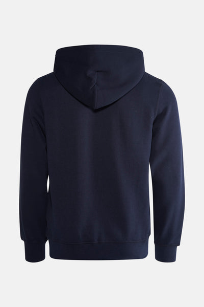 Marineblauwe Tommy Hilfiger zip-trui met capuchon van achteren gezien.