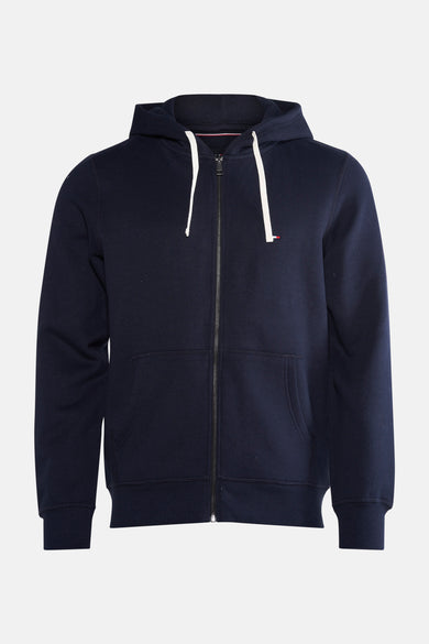 Donkerblauwe TOMMY HILFIGER bodywarmer met ritssluiting en capuchon met witte trekkoorden.