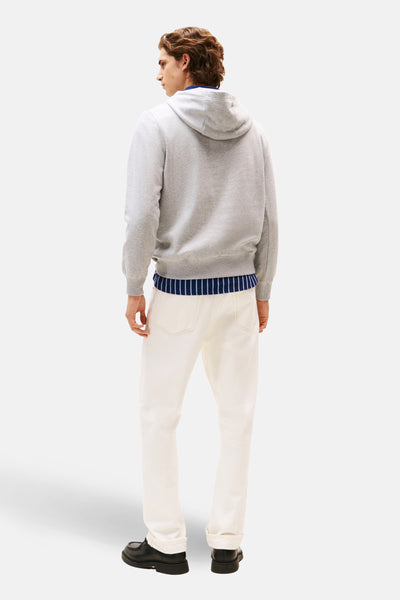 Grijze hoodie van TOMMY HILFIGER, gedragen met een blauw-wit gestreept overhemd, een witte broek en zwarte schoenen.