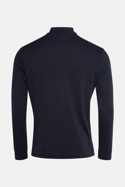 Blauwe polo met lange mouwen van TOMMY HILFIGER, achterkant, met klassieke kraag en lange mouwen.