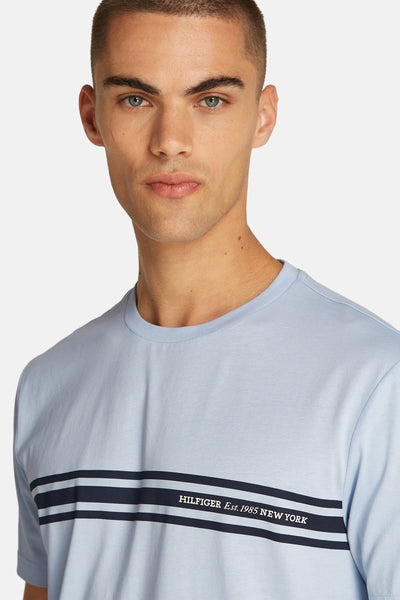 Blauw T-shirt met korte mouwen van TOMMY HILFIGER, met strepen en decoratieve tekst op de voorkant.