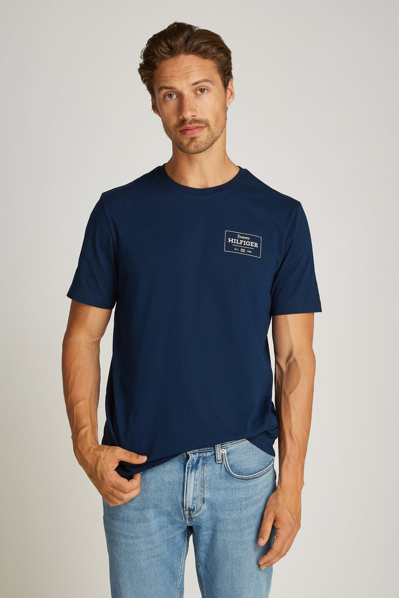 T-shirt à manches courtes bleu par TOMMY HILFIGER, porté avec un jean en denim clair.
