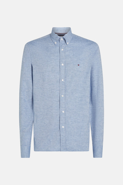 Blauwe linnen blouse met lange mouwen van TOMMY HILFIGER met witte knopen en geborduurd logo.