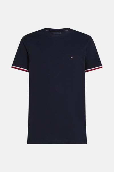 Donkerblauwe T-shirt met korte mouwen van TOMMY HILFIGER, met contrasterende strepen op de mouwen en discreet logo.