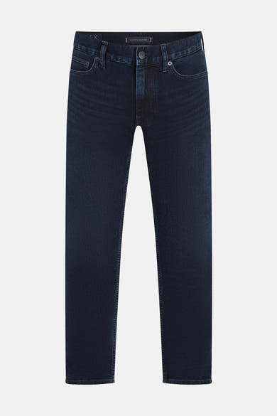 Rechte blauwzwarte spijkerbroek van TOMMY HILFIGER, klassieke pasvorm, op een lichte achtergrond.