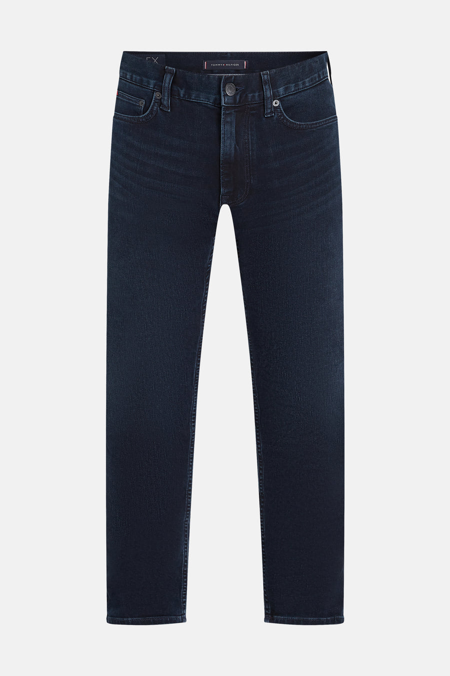 Rechte blauwzwarte spijkerbroek van TOMMY HILFIGER, klassieke pasvorm, op een lichte achtergrond.