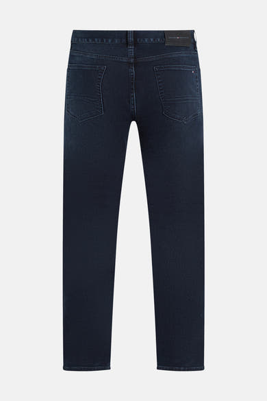 Rechte blauwzwarte spijkerbroek van TOMMY HILFIGER, met achterzakken en zichtbare naden.