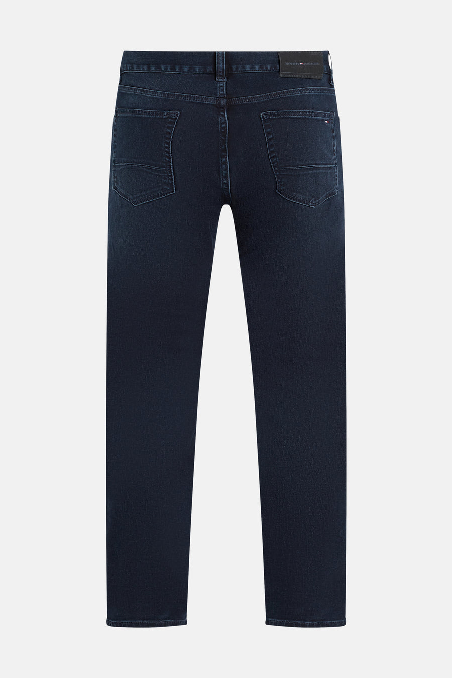 Rechte blauwzwarte spijkerbroek van TOMMY HILFIGER, met achterzakken en zichtbare naden.