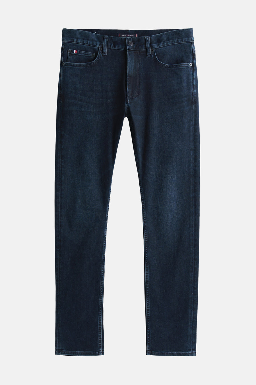 Blue black straight-leg denim jeans by Tommy Hilfiger, featuring front pockets with flag tab, clean stitching, and classic five-pocket design, front view.