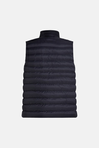 Blauwe bodywarmer van TOMMY HILFIGER, gewatteerd met horizontale banen en een opstaande kraag, achterzijde.