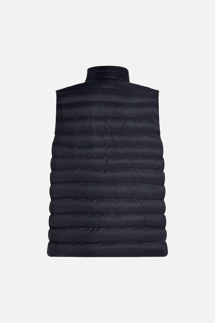 Blauwe bodywarmer van TOMMY HILFIGER, gewatteerd met horizontale banen en een opstaande kraag, achterzijde.