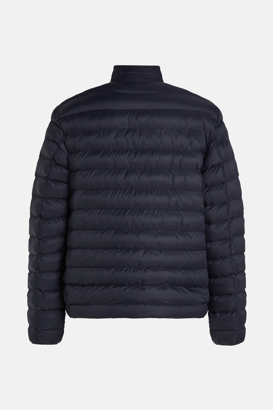 Veste courte bleue de TOMMY HILFIGER, doudoune matelassée à rayures horizontales, vue de dos.