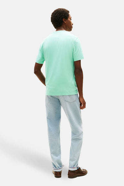 Lichtblauw T-shirt met korte mouwen van TOMMY HILFIGER, gedragen met een verbleekte spijkerbroek en bruine bootschoenen, achtergezicht.