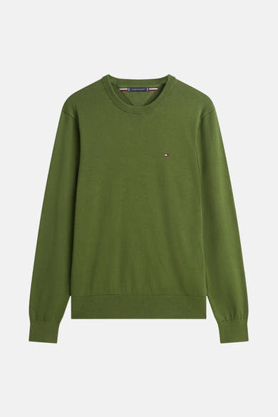 Pull à col rond vert de TOMMY HILFIGER, en maille fine, avec logo discret sur la poitrine.