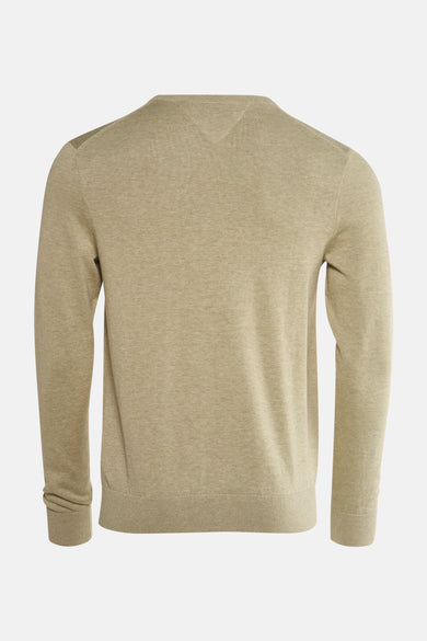 Groene rondehals trui van TOMMY HILFIGER, achterkant, fijne gebreide textuur.