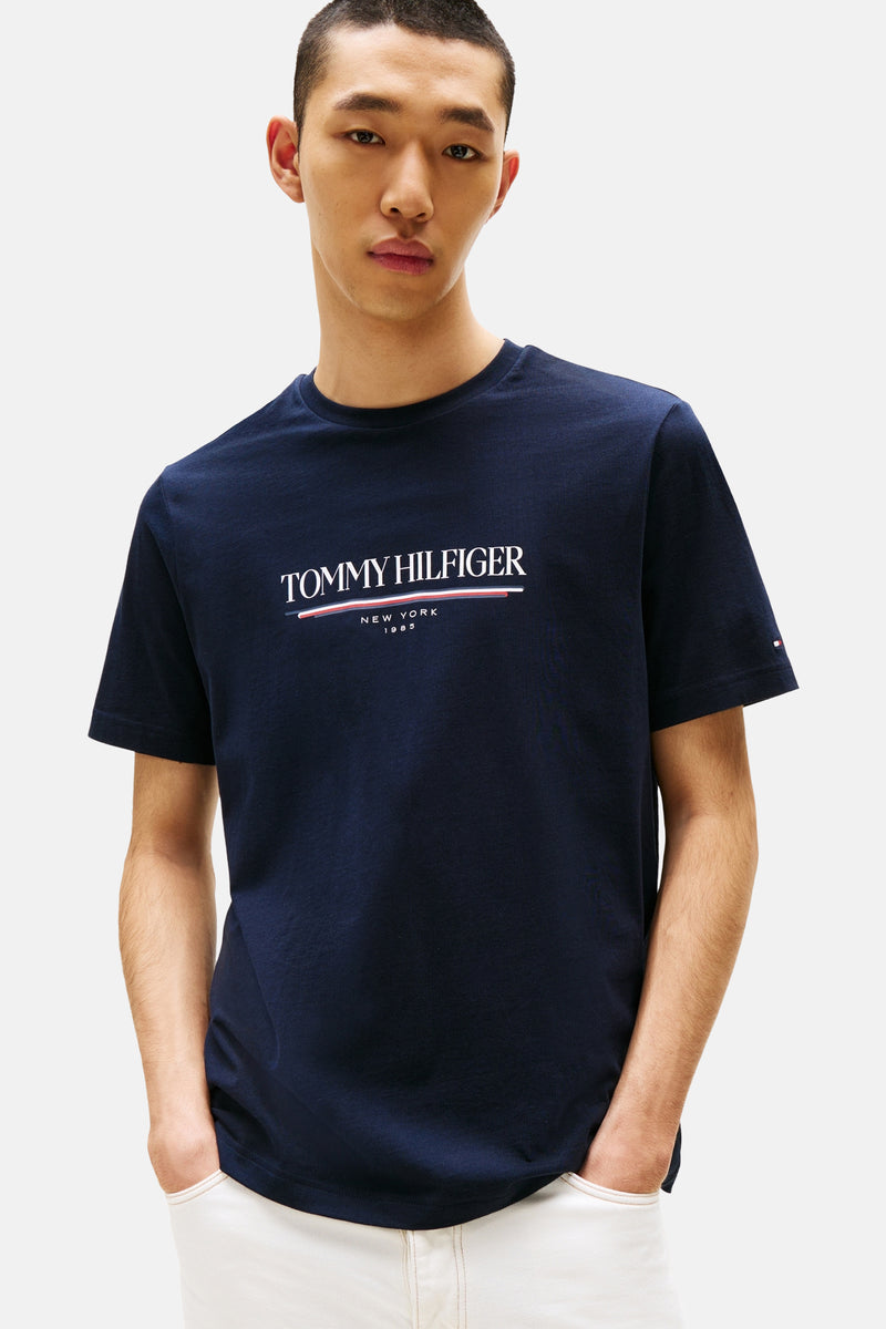 Blauw T-shirt met korte mouwen van TOMMY HILFIGER, gedragen met een witte broek en zwarte loafers, achtergezicht.
