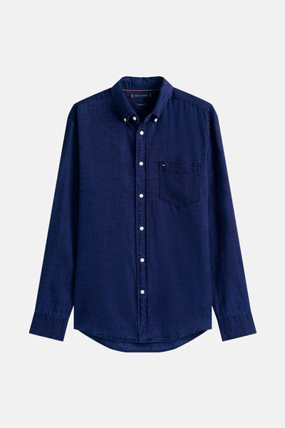 Chemise à manches longues bleue en denim de TOMMY HILFIGER avec poche poitrine.