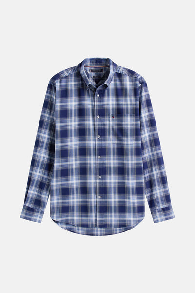 Chemise à manches longues bleue à carreaux de TOMMY HILFIGER, avec poche poitrine et boutons.