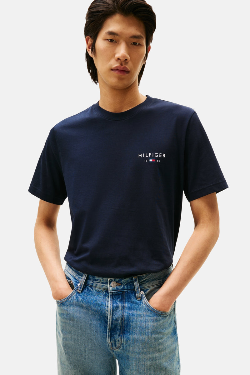 T-shirt bleu à manches courtes de TOMMY HILFIGER, avec logo sur la poitrine, porté avec un jean bleu.
