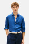 Blauwe linnen blouse met lange mouwen van Tommy Hilfiger met opgerolde mouwen en een relaxte pasvorm.