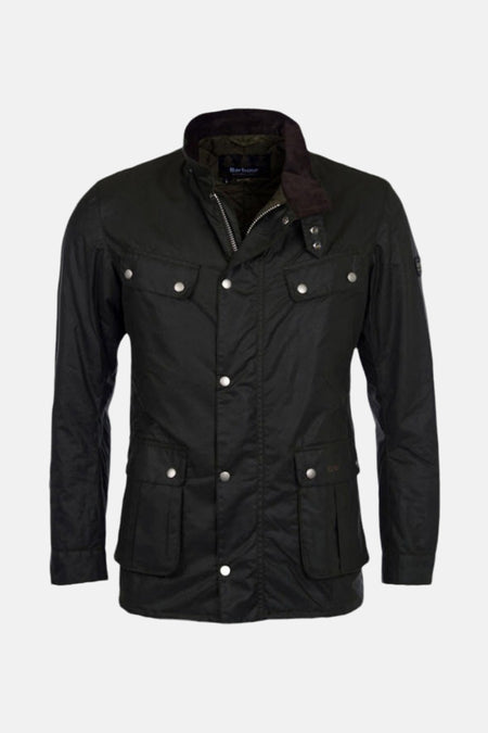 Kaki regenjas van BARBOUR met corduroy kraag, klepzakken en drukknoopsluiting.