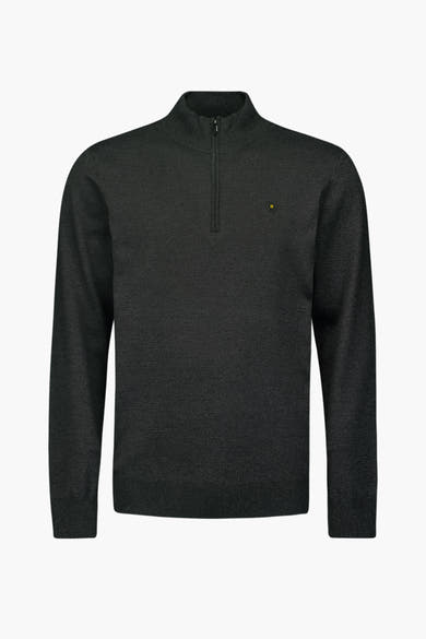 Pull à col roulé gris de NO EXCESS avec une fermeture éclair courte et un logo carré sur la poitrine.