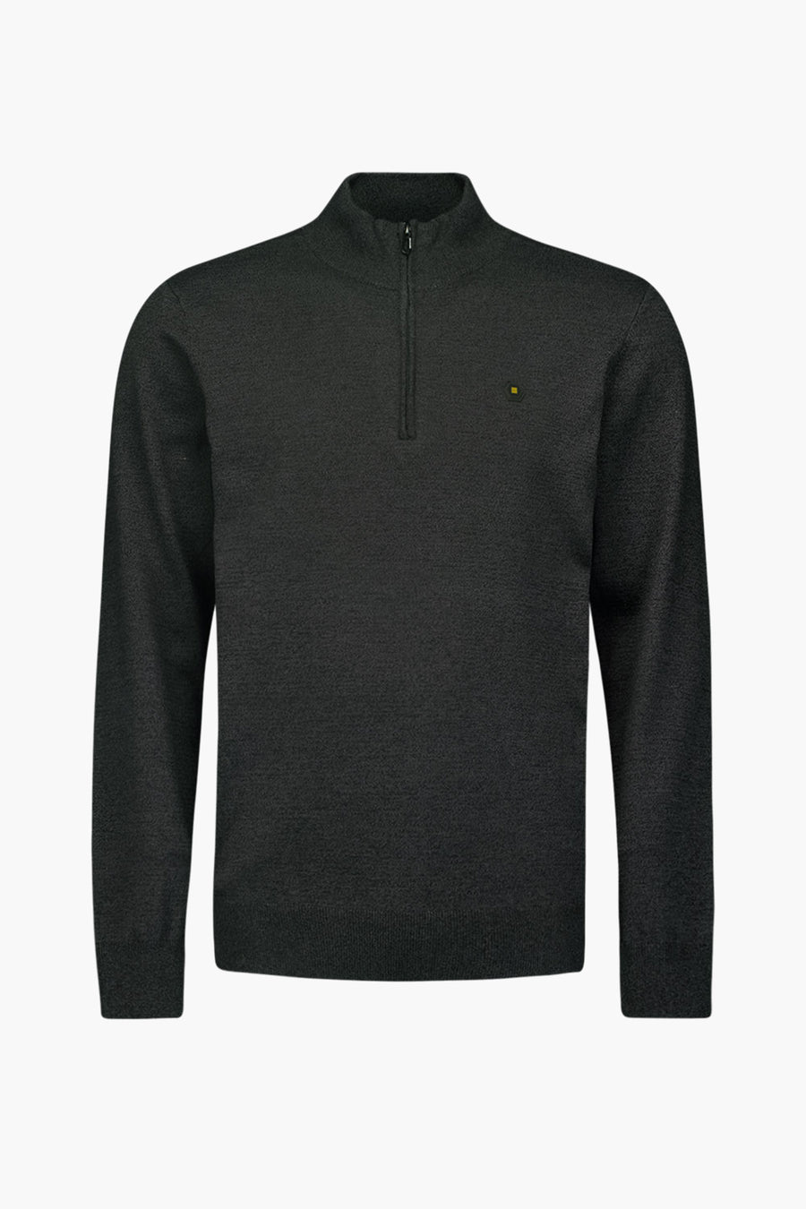 Pull à col roulé gris de NO EXCESS avec une fermeture éclair courte et un logo carré sur la poitrine.