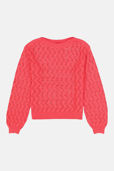 Pull rose à col rond de GARCIA, avec motif ajouré et manches longues bouffantes.
