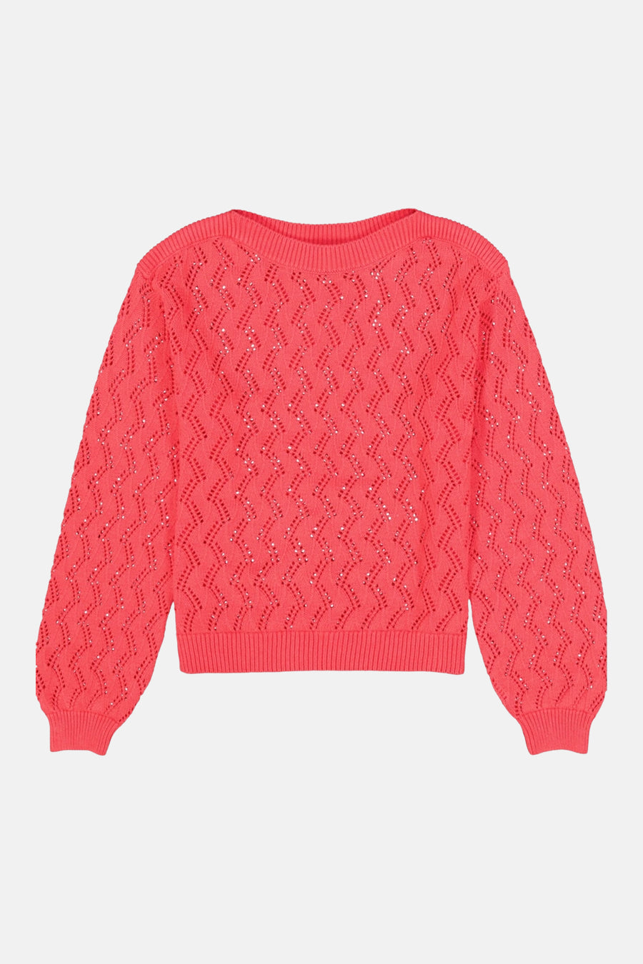 Pull rose à col rond de GARCIA, avec motif ajouré et manches longues bouffantes.
