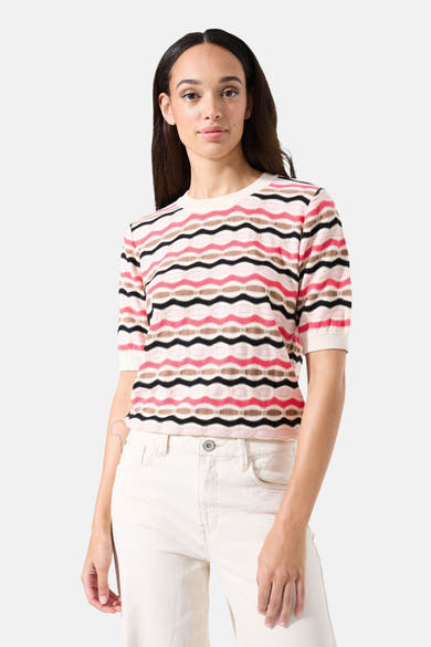 Pull à col rond multicolore de GARCIA, à rayures ondulées roses, noires et beiges, porté avec un pantalon blanc.