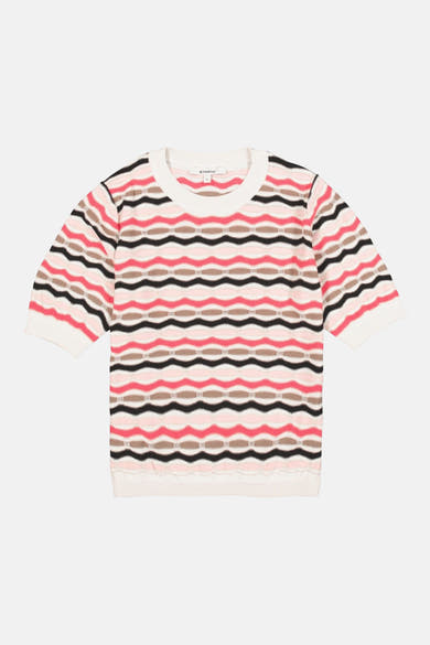 Pull à col rond multicolore de GARCIA, avec motif ondulé rayé en rose, beige et noir.