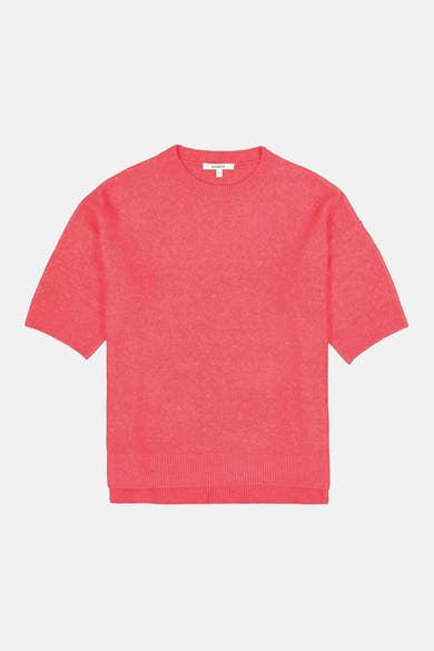 Pull à col rond rose de GARCIA, en maille fine texturée, avec des manches courtes.