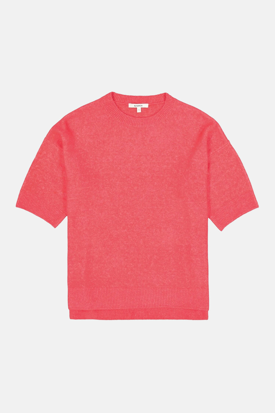 Pull à col rond rose de GARCIA, en maille fine texturée, avec des manches courtes.