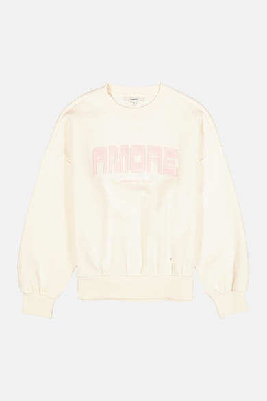 Sweat col rond écru de GARCIA avec inscription rose "AMORE" et manches bouffantes.