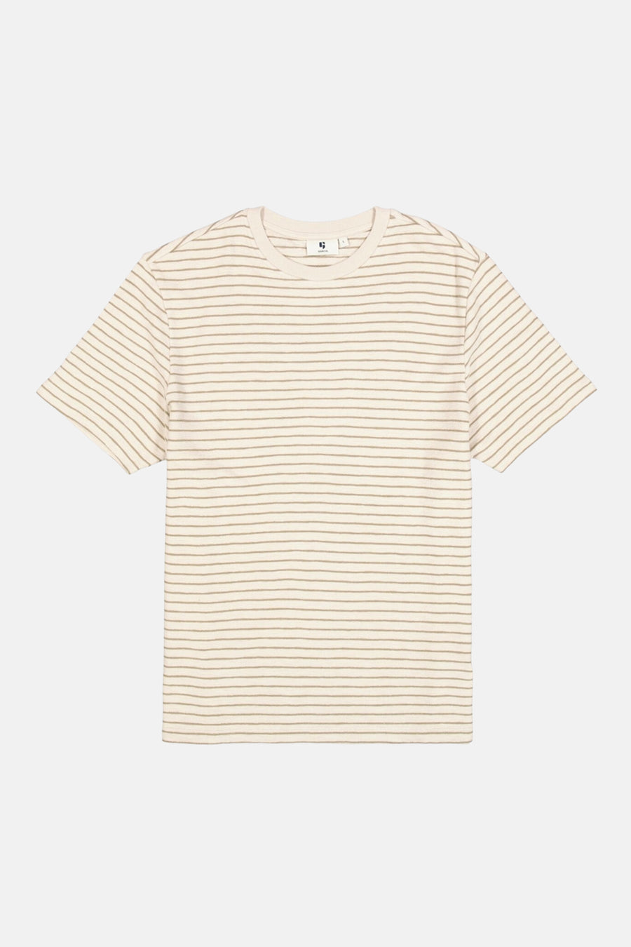 Ecru T-shirt met korte mouwen van GARCIA, horizontale bruine strepen over het hele kledingstuk.