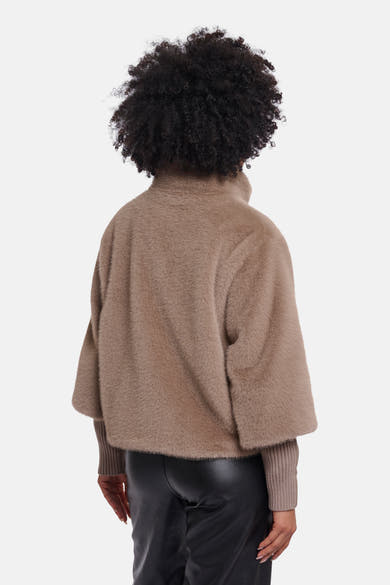 Taupe fuzzy casual jacket by RINO PELLE, back view, high collar, ribbed cuffs, worn with black leather pants