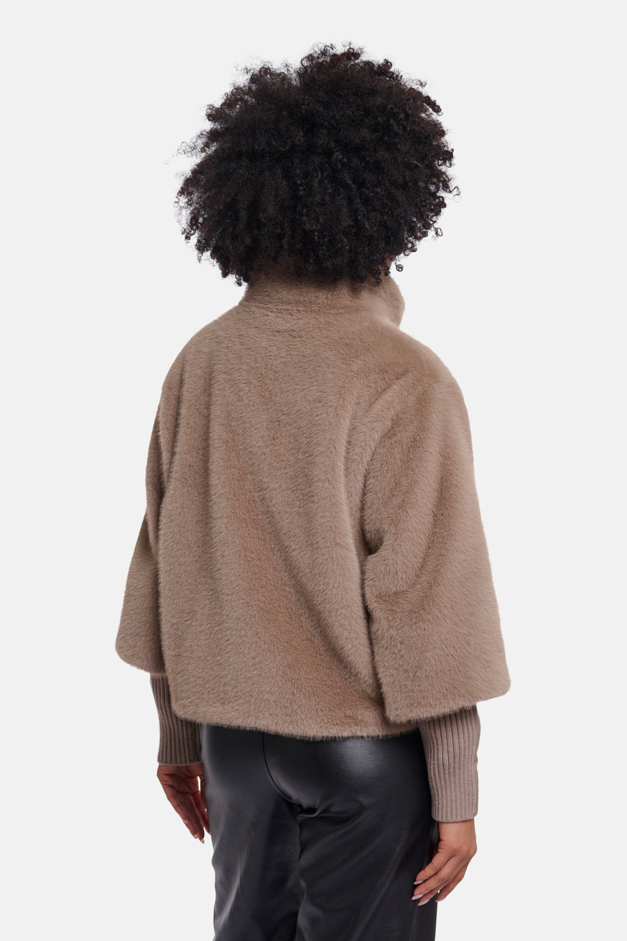 Taupe fuzzy casual jacket by RINO PELLE, back view, high collar, ribbed cuffs, worn with black leather pants