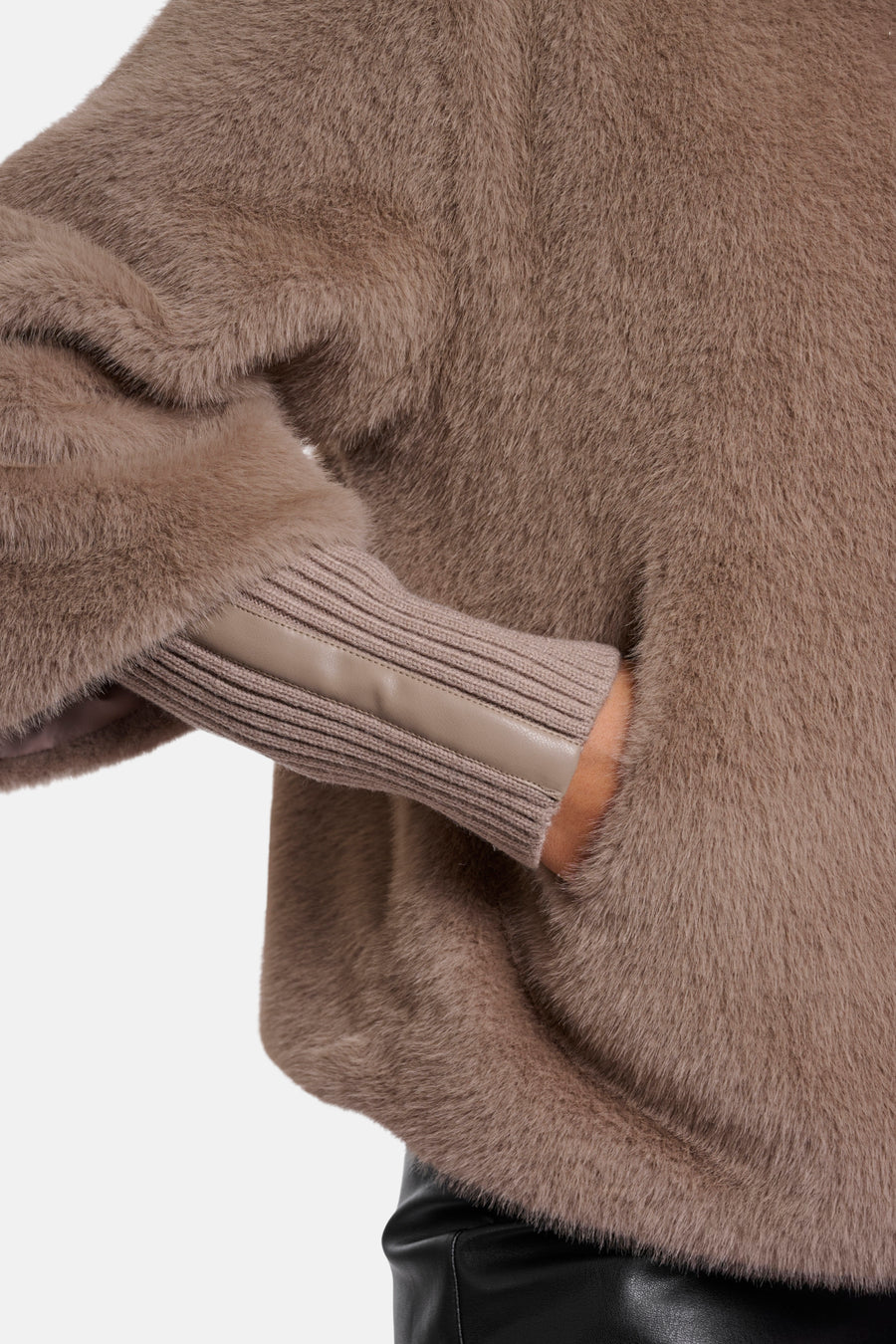 Taupe faux fur casual jacket by RINO PELLE, featuring ribbed cuffs with leather trim, side view close-up