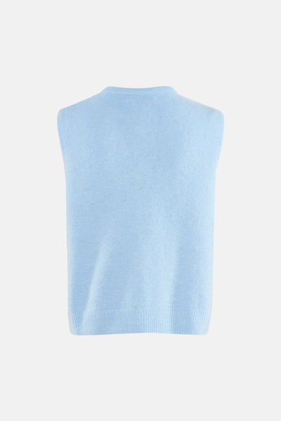 Lichtblauw vest van AMELIE ET AMELIE in pluizige gebreide stof, mouwloos.
