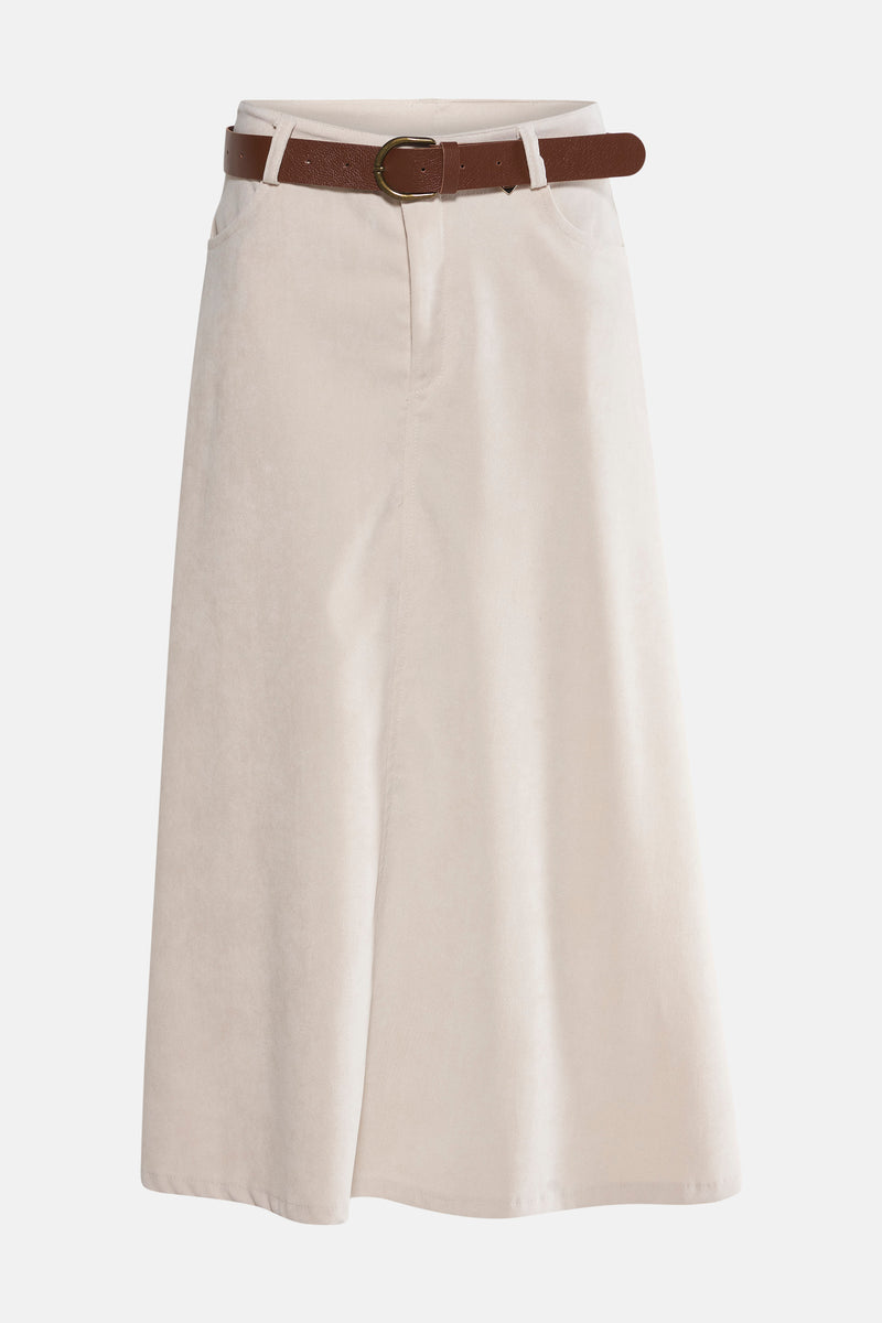 Jupe longue beige en coton, par AMELIE ET AMELIE, avec ceinture marron.