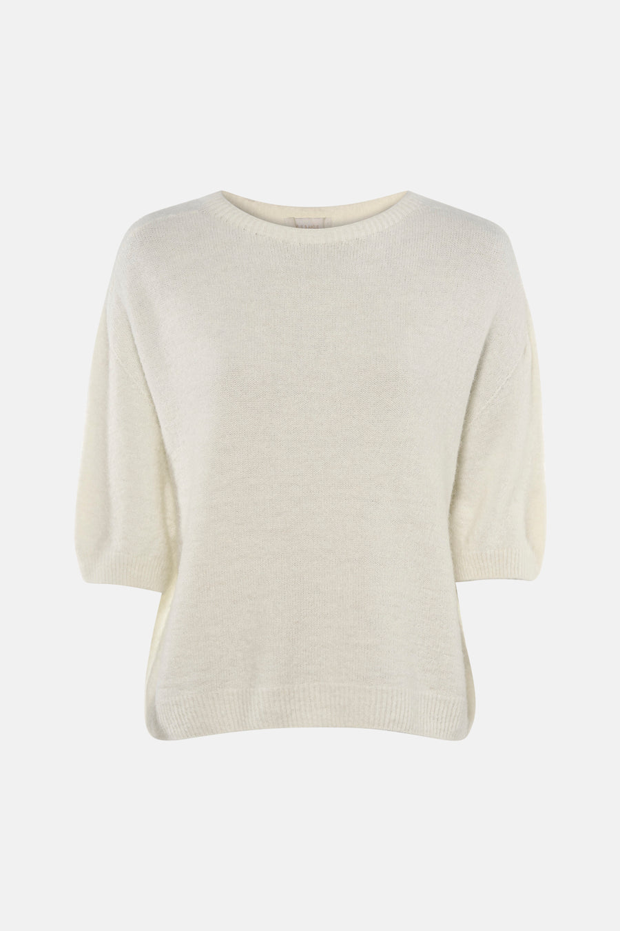 Pull à col rond écru de AMELIE ET AMELIE, en tricot doux avec des manches courtes.

